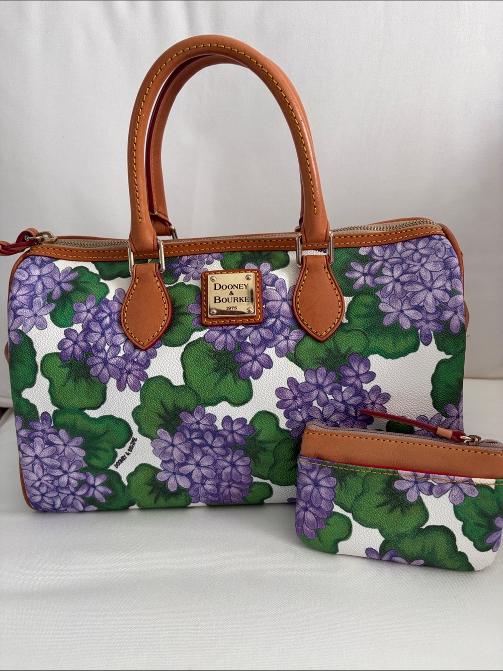 Dooney & Bourke Purple Floral Satchel with Tan Trim and Matching Coin Pouch